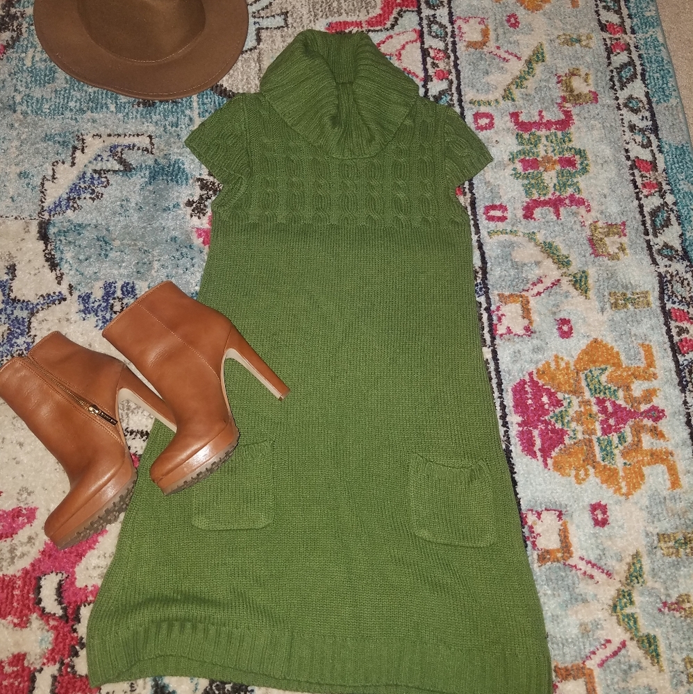 Small Olive Green Turtleneck Sweater Dress